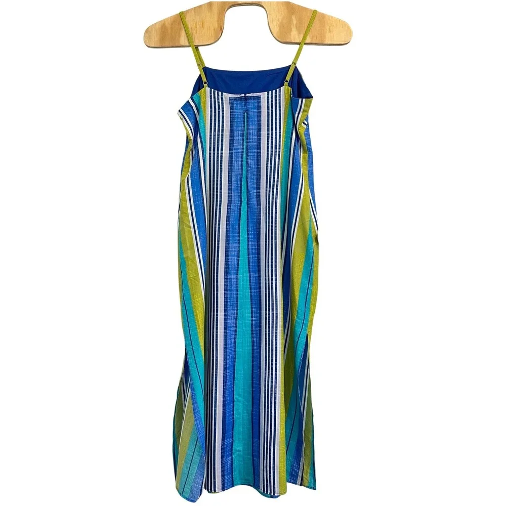 Donna Morgan Lime Blue Striped Maxi Dress Spaghetti Strap Side Slit Size 16 NEW - Picture 5 of 16